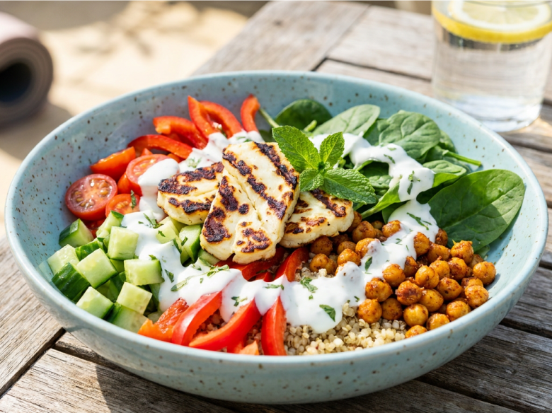 High Protein grillsajtos quinoa bowl citromos-joghurtos öntettel