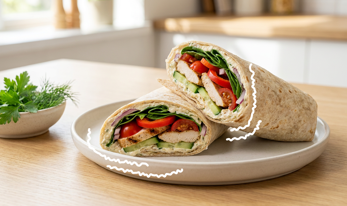 High Protein vajkrémes csirkés tortilla wrap ropogós zöldségekkel