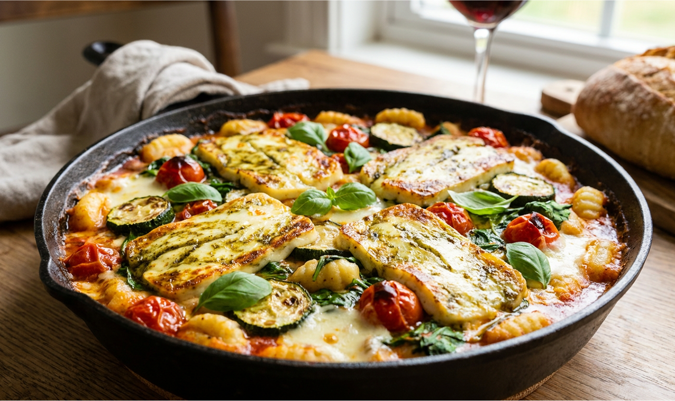 Pesto grillsajtos mediterrán tepsis gnocchi